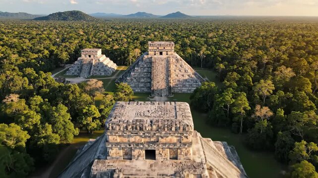 Aerial view of the ancient Mayan pyramids at Chichen Itza, a historical wonder surrounded by dense jungle in Mexico.