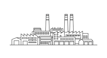 Naklejka premium Industrial Factory Building with Smokestacks Line Art Illustration.