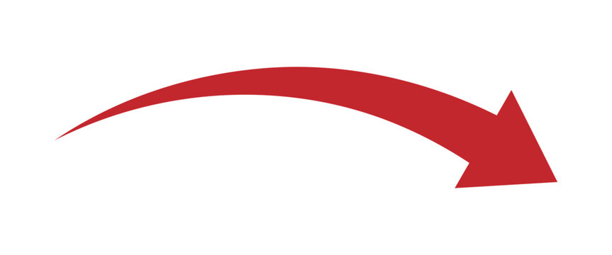 Red curved arrow pointing down and right isolated on white