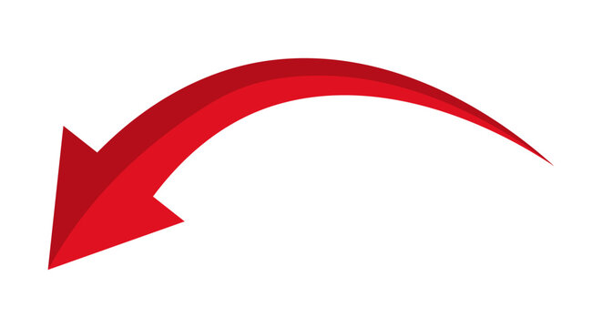 Red curved arrow pointing down and left isolated on white background