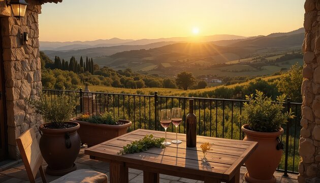  stone villa balcony at golden sunset, rolling vineyard hills in background, wooden table with wine glasses and olive branches