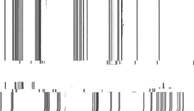 White background metallic cylinder tube glitch element three dimensional grayscale digital noise scatter pattern