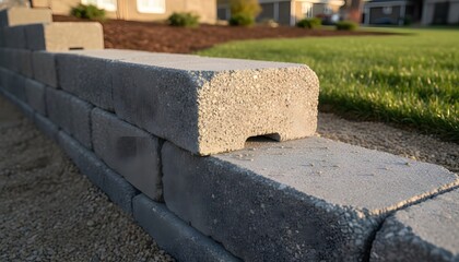 Fototapeta premium Close up of professional retaining wall block placement for a backyard landscaping concept, showing structural concrete bricks and garden improvement in suburban setting