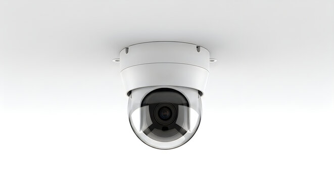 Modern dome security camera mounted on a white ceiling for surveillance