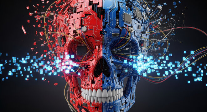 Digital human face merging with vibrant abstract data network patterns.