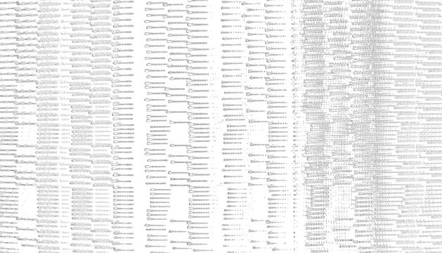 Dense gray vertical barcode text glitch pattern white background digital data artifact noise texture
