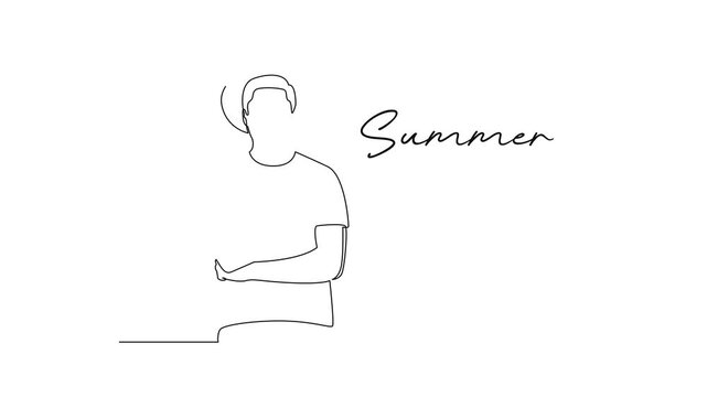 Man Wearing Hat Enjoying Summer. Summer Concept. Single line draw design Video 4k. Footage graphic illustration