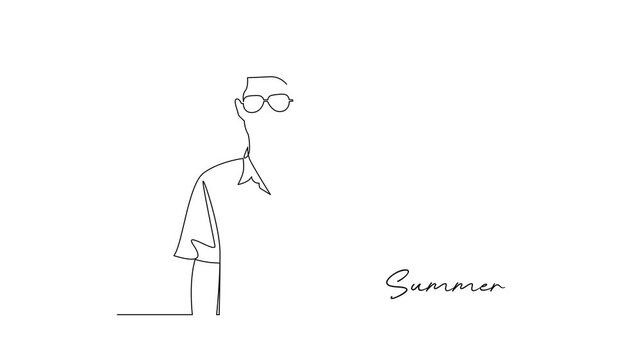 Man Wearing Sunglasses Enjoying Summer Weather. Summer Concept. Single line draw design Video 4k. Footage graphic illustration