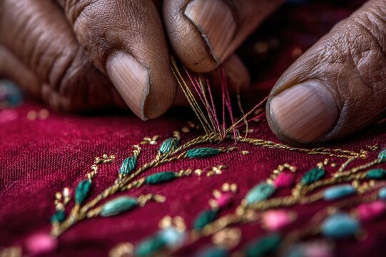 Detail shot of intricate phulkari embroidery in progress needle threading through deep crimson fabric, silk threads in gold, emerald, and fuchsia, hands of a Punjabi artisan visible,
