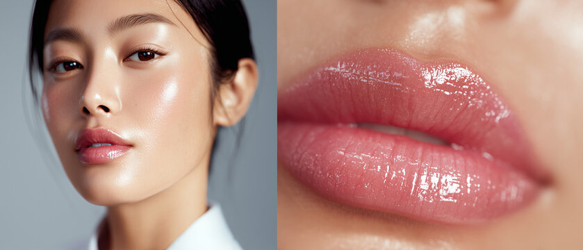 high-end K-beauty skincare image with a vertical split layout, featuring a radiant young Korean woman with glowing glass skin on the left and a macro close-up of glossy pink lips on the right