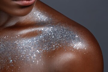Fototapeta premium Close-up of a person's shoulder and neck adorned with shimmering silver glitter makeup, highlighting skin texture.