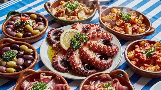 Variety of mediterranean dishes with octopus and olives on a table