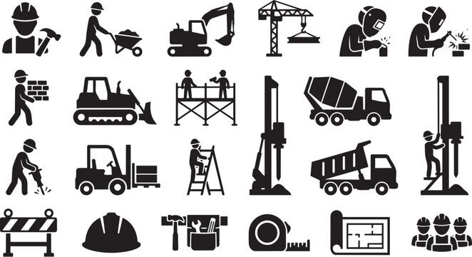Black Silhouette Construction Site Vector Bundle &ndash; Machinery and Worker Icons