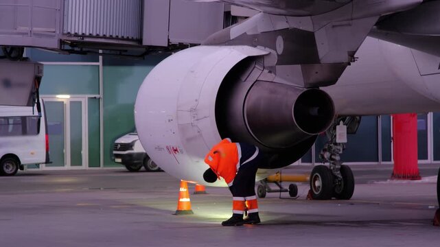 Airplane jet aircraft engine technic man inspection, Airport terminal technician worker man airline maintenance ground crew aircraft. Safety.