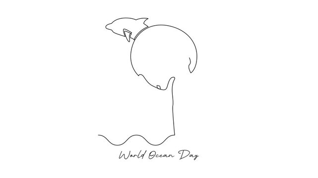 Dolphin Holding Earth World Ocean Day. World Ocean day Concept. Single line draw design Video 4k. Footage graphic illustration