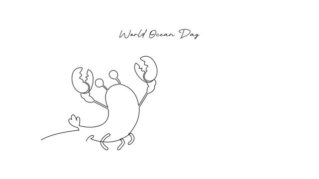 Crab And Planet World Ocean Day. World Ocean day Concept. Single line draw design Video 4k. Footage graphic illustration