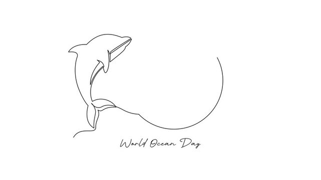 Dolphin Jumping Near Earth Ocean Day. World Ocean day Concept. Single line draw design Video 4k. Footage graphic illustration