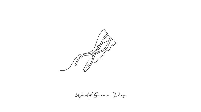 Jellyfish Floating Ocean World Ocean Day. World Ocean day Concept. Single line draw design Video 4k. Footage graphic illustration
