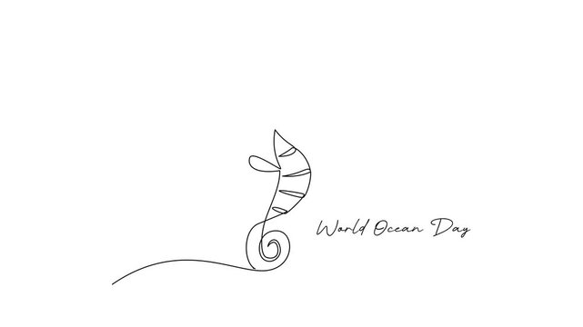 Seahorse Marine Animal World Ocean Day. World Ocean day Concept. Single line draw design Video 4k. Footage graphic illustration
