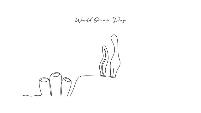 Underwater Coral Landscape World Ocean Day. World Ocean day Concept. Single line draw design Video 4k. Footage graphic illustration