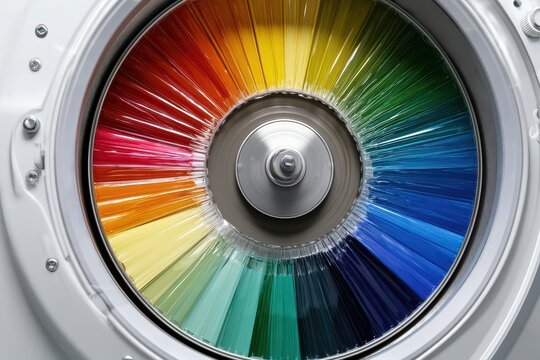 Close-up view of a spinning color wheel displaying a vibrant spectrum of paint swatches in a radial pattern.
