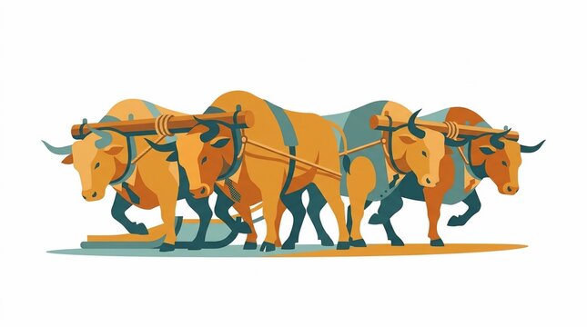 A team of oxen pulling a plow in a traditional farming illustration.