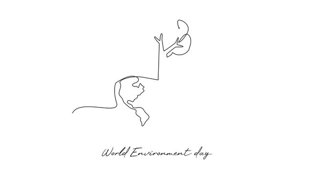 Tree Growing From Earth Conservation. World Environment day Concept. Single line draw design Video 4k. Footage graphic illustration