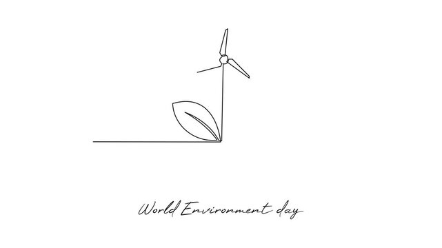 Wind Turbine Growing From Leaf Earth. World Environment day Concept. Single line draw design Video 4k. Footage graphic illustration