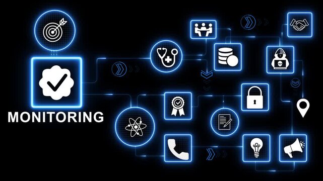Monitoring technology icons network with data control dashboard icon illustrating system observation performance analytics and real time tracking interface motion graphics transparent background