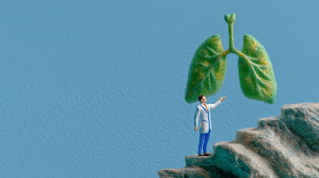 Breathing Fresh Perspectives: A miniature doctor on a cliff's edge, extends a hand towards the green, life-giving lungs of nature.