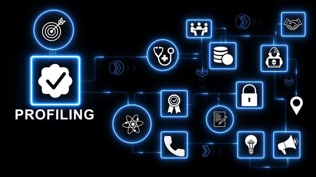 Profiling technology icons network with user data analysis identity icon illustrating customer segmentation behavior tracking and analytics system interface motion graphics 4k visuals
