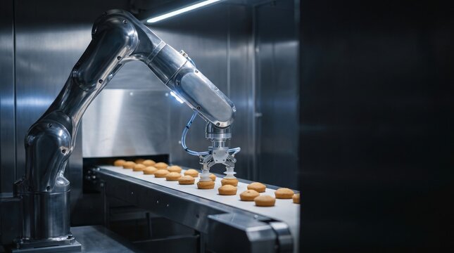 Industrial robot arm precisely places freshly baked pastries on a conveyor belt in a modern factory