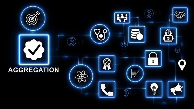 Aggregation technology icons network with data collection database icon illustrating information processing integration and analytics system interface motion graphics 4K black background visuals