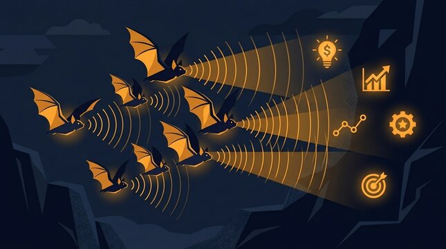 Bats using echolocation to discover business icons and growth symbols.