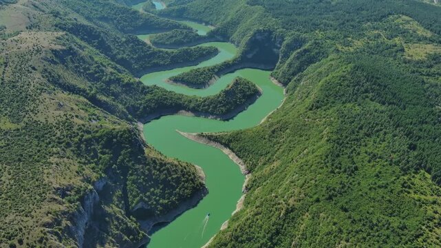 Aerial view of curved meanders in canyon of Uvac river, Serbia, 4k