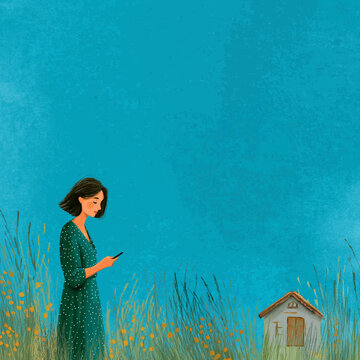 Digital Serenity: A woman, engrossed in her phone amidst a field of tall grass and a charming tiny house, a serene scene. 