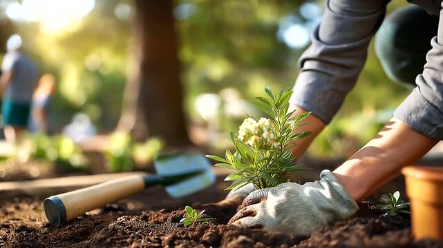 Close up of hands in gardening gloves planting a small flowering bush into dark rich soil in a bright park setting a trowel and a watering can beside the planting hole soil