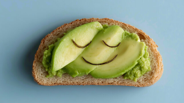 Avocado Toast smiling face: A delicious slice of toast topped with creamy avocado, creatively decorated with a smiling face, radiating freshness and the simple pleasure of healthy eating.
