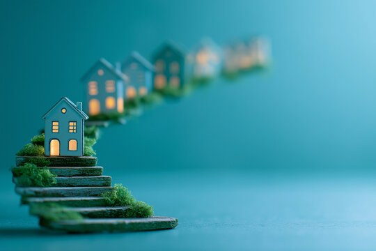 Steps to the Dream Home: Miniature houses ascending a staircase, symbolizing aspiration and the journey to homeownership, against a tranquil, serene backdrop.
