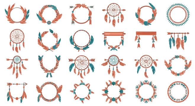A collection of various bohemian and ethnic-style dreamcatchers, feather frames, and decorative wreaths.