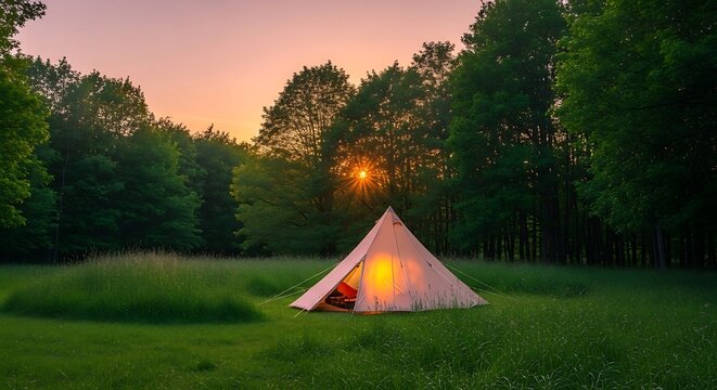 glowing tent in forest at sunset