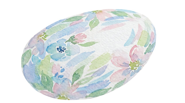 Artistic painted watercolor Easter egg with vibrant floral patterns and pastel colors, delicately illustrated and isolated on a clean white background for seasonal spring decoration.