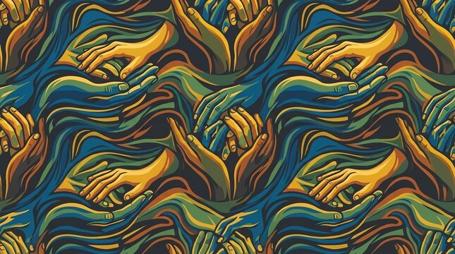 pattern of holding hands and touching gestures in a stylized art format, representing caregiver compassion and kind support