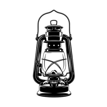 Vintage kerosene lantern illustration in black and white with ornate details