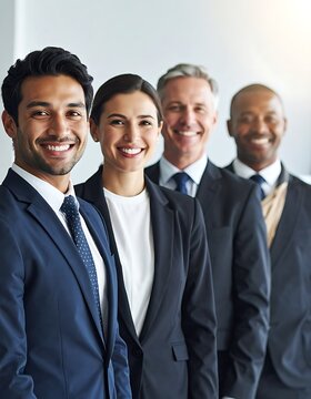 A group of four smiling business professionals standing together