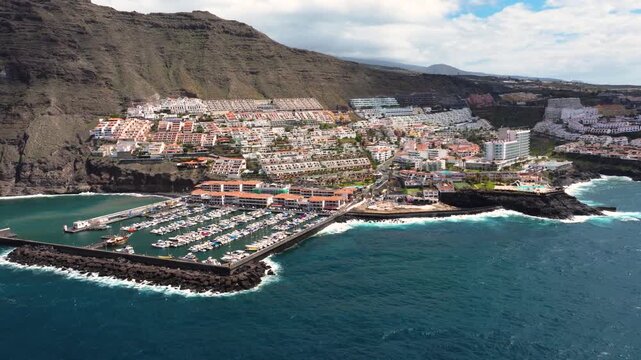 4K Cinematic drone footage at Marina Los Gigantes in Tenerife during the Storm Therese, Ideal for travel and weather-related content._112