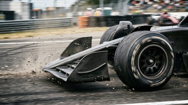 Close-up of a racing car's front wheel and aerodynamic components during a high-speed maneuver on a track