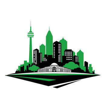 Stylized cityscape featuring the CN Tower and Toronto skyline in green