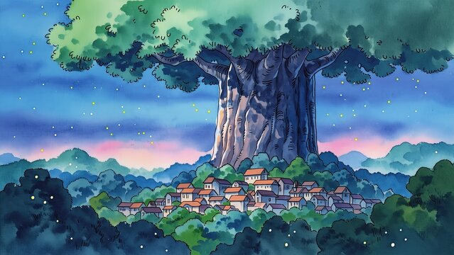 巨大な木と村の幻想的な夜景 ファンタジー風景イラスト