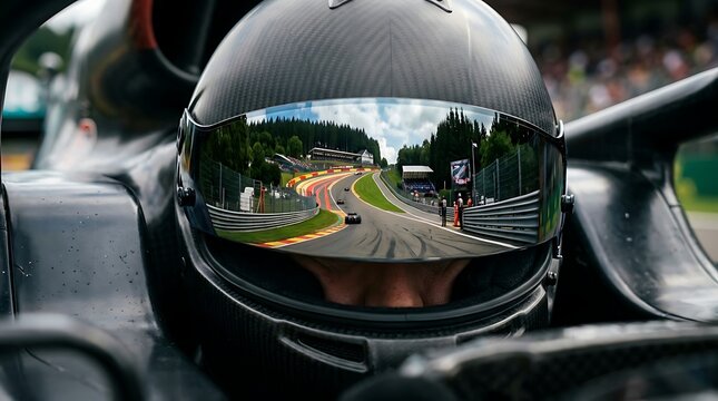 Captivating reflection of a dynamic race track and speeding cars on a professional driver's helmet visor, capturing the essence of high-speed motorsport